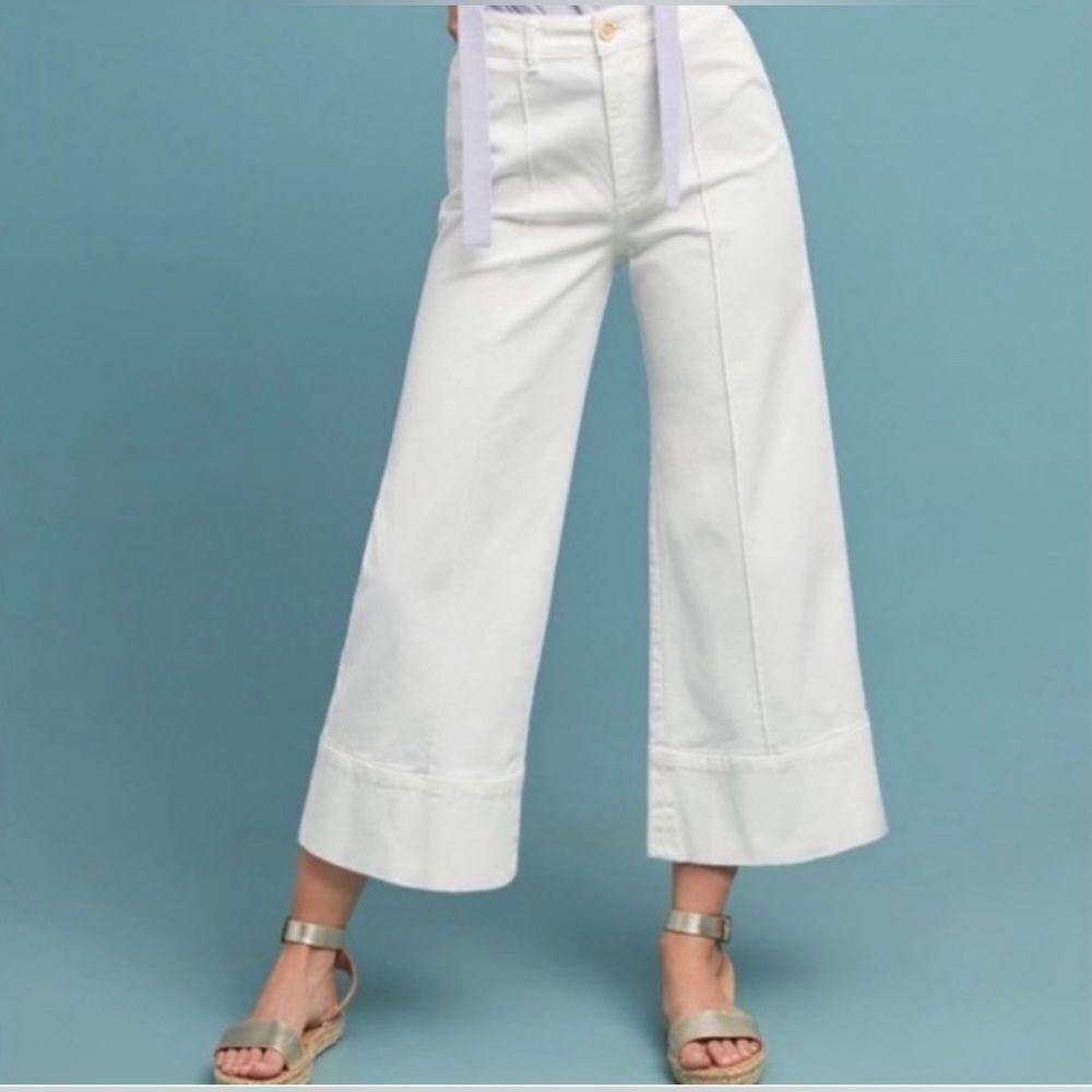 Anthropologie Chino Wide‎ Leg Crop Pants Sz 6 High Rise White Cream
